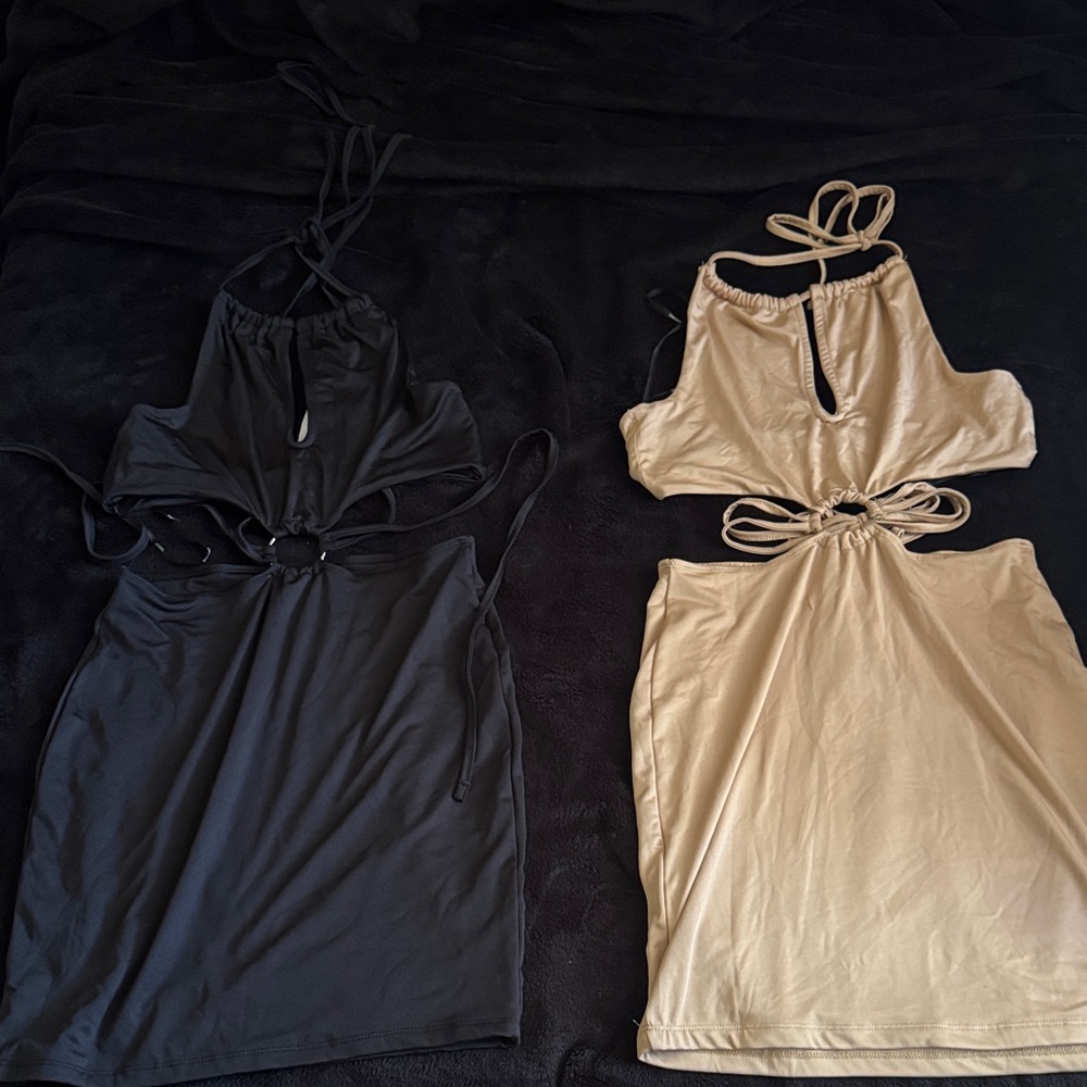 Cutout Halter Mini Dress - Black & Tan